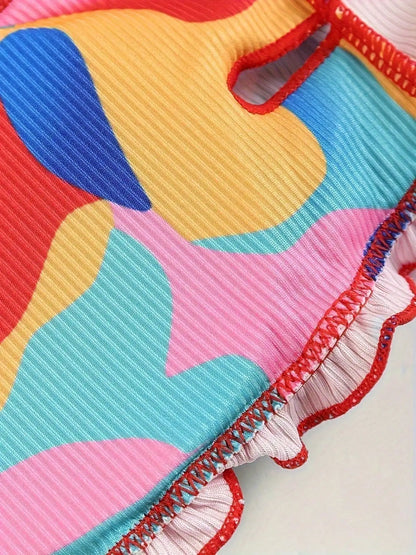 2026 New Colorful Camo Ribbed Bikini Set, Scallop Trim Deep V Bandeau Top Adjustable Thin Strap High Cut Bathing Suit
