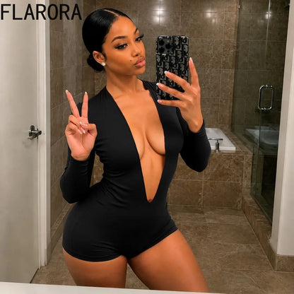 FLARORA Sexy Deep V Neck Slim Rompers Woman Solid Color Full Sleeve Stretch Skinny Peach Hip Playsuits Hot Girl Party Clubwear