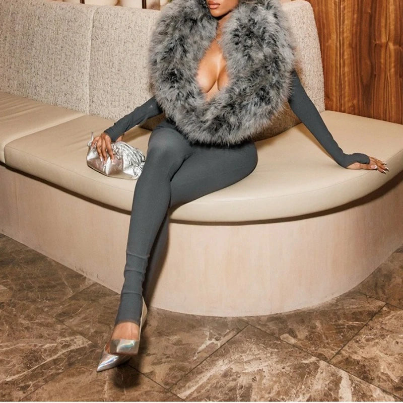 Sexy Bodycon Jumpsuits Women Faux Fur Collar Cut Out Long Sleeve Slim Fit One Piece Rompers Party Streetwear 2025 Fall Winter