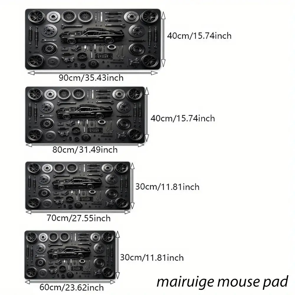 Car Parts Assembly Large Mouse Pad Retro Muscle Car Black Metal Texture Desk Mat Gaming Keyboard Pad Non-slip Office Table Mat