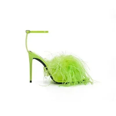 Spring Summer New Star Same Style Women's Blue Feather High Heels Versatile Strap Pointed Thin Heel Sandals
