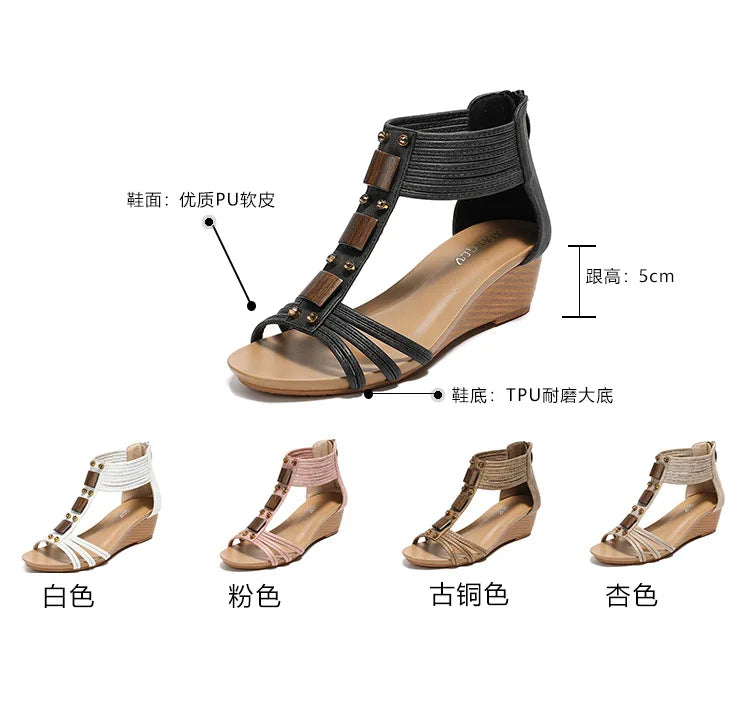 High quality leather flat sandals for women 5cm mid heel beading summer 2026 36 43 open toe casual vintage shoe pink white beige