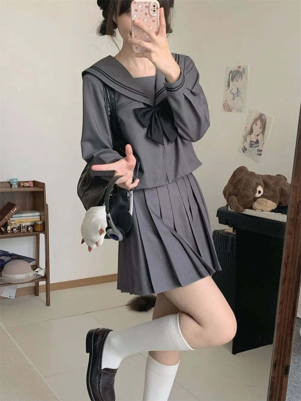 Basic Grey Sailor Suit Set, School Uniform, Preppy Style, Short-sleeved, Long-sleeved, and Short-skirted.