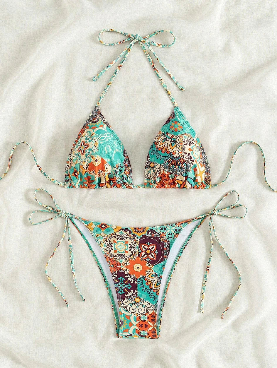 Swimsuit 2026 Female Micro Bikini Women Swimwear Summer Beachwear Women's Bathing Suit Floral Print Neck Halter Thong Bikini Set