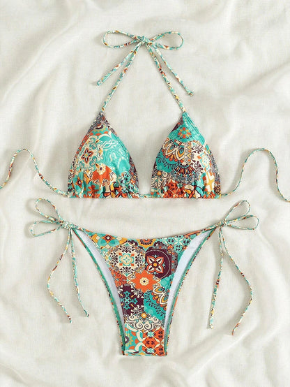 Swimsuit 2026 Female Micro Bikini Women Swimwear Summer Beachwear Women's Bathing Suit Floral Print Neck Halter Thong Bikini Set