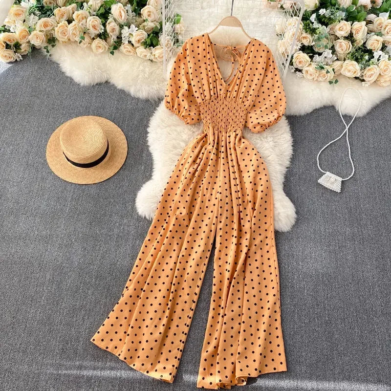Jumpsuit Women Summer New Temperament Polka Dot V-neck High Waist Casual Wide Leg Jumpsuit Elegant Party One Piece Jumpsuits