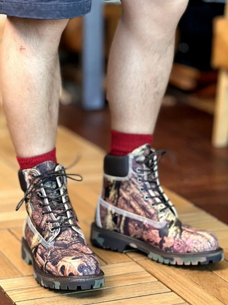 Youth Male Genuine Leather Platform Cross Tied Fashion Boots Mixed Color Cowhide Round Toe Hard Wearing High Top Footwear