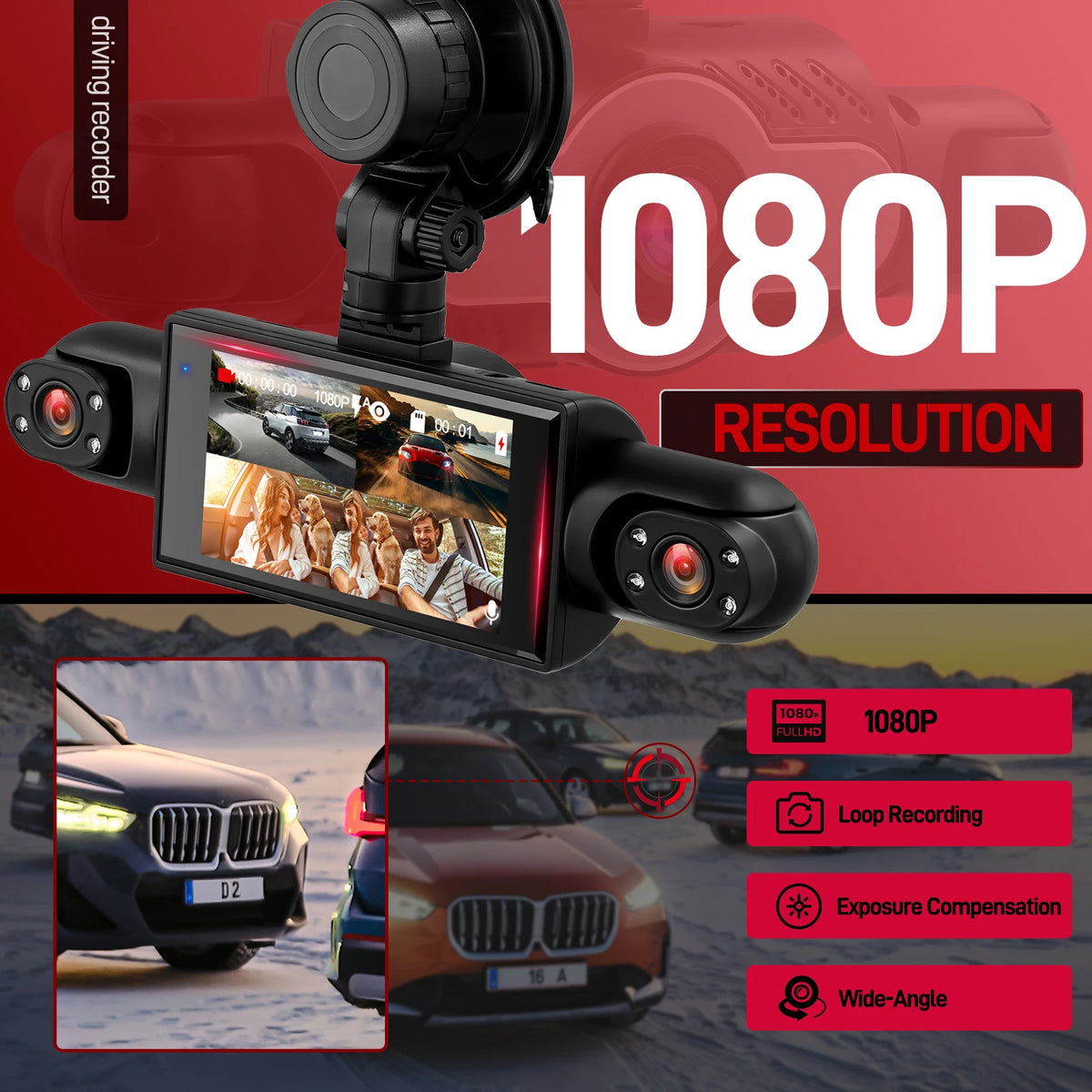 Podofo 3-inch 1080P Car Dash Cam with Four High-Definition Cameras, Including 480P Left Interior, Right Interior, and Rear Cameras Loop Recording, Night Vision, Reversing Help Video Recorder for Cars
