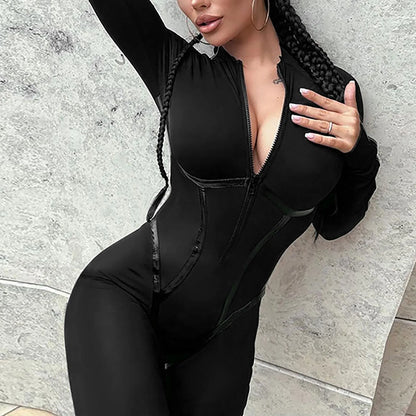 Women'S Deep V Tight Jumpsuit Long Sleeve Sports Jumpsuit With Zip Playsuits Sporty Romper Female Elastic High Waist Jumpsuits