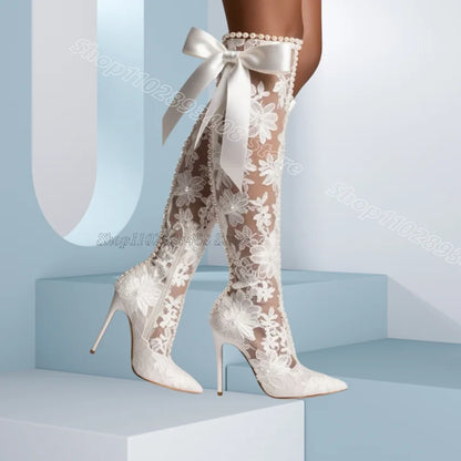 White Bowknot Pearl Decor Boots Lace Pointed Toe Stiletto Spring for Women Party Dress Elegant Boots 2025 Zapatos Para Mujere