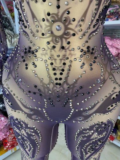 Sparkly Rhinestones Printed Mesh Bodycon Green Jumpsuits With Sleeves See Through Masquerade Costume Dress Night Club DJ Gogo