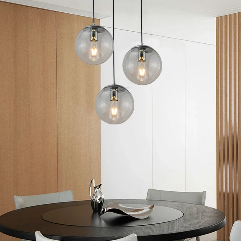 Modern Simple Glass Chandelier Bar Counter Restaurant Gold Hanging Lights Silver Metal Amber Ashtray Ball Glass Suspension Lamp