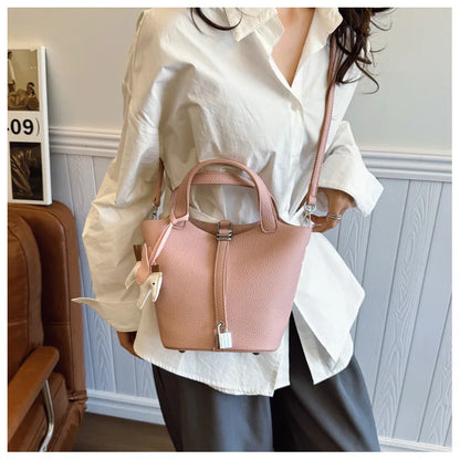 Fashion Vegetable Basket Bucket Bag Women's Autumn New Lychee Pattern Shoulder Bag Simple Solid Color Niche Messenger Bag