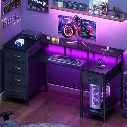 Gaming Computer Desk with Power Outlets, LED, 5 Drawers