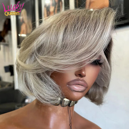Light Gray Blonde With Brown Roots Short Bob Wig 180 Density Pre-Plucked 13x4 Lace Frontal Human Hair Wigs For Women Straight