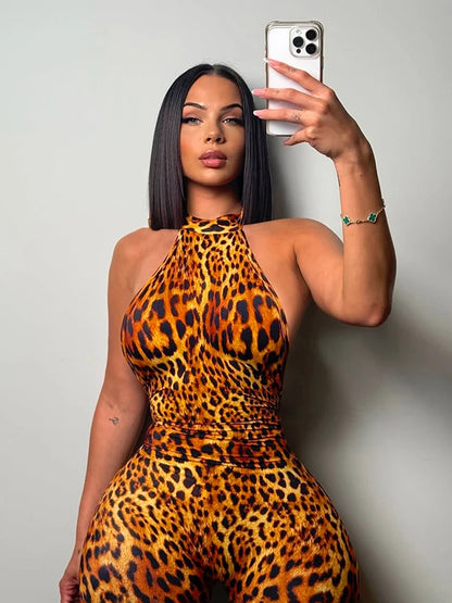 Kliou Colorful Print Playsuits Woman Bandage Halter Backless Skinny Peach Hip Female Midnight Club Party Sexy Fashion Rompers