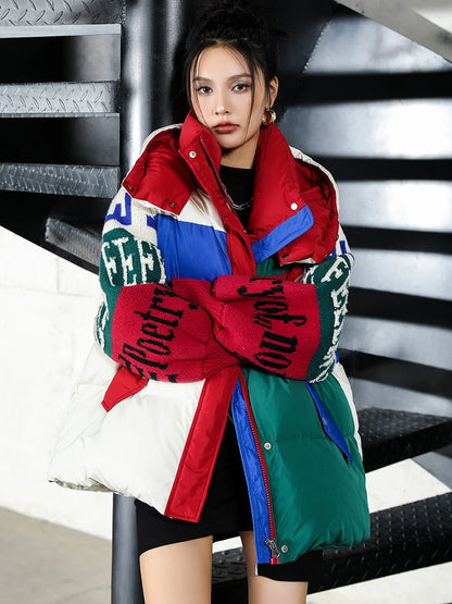 Streetwear Letter Stitching Fashion Down Jacket Women's New Hooded Parka Loose Winter Down Coat Female Thick Casual Warm Clothes