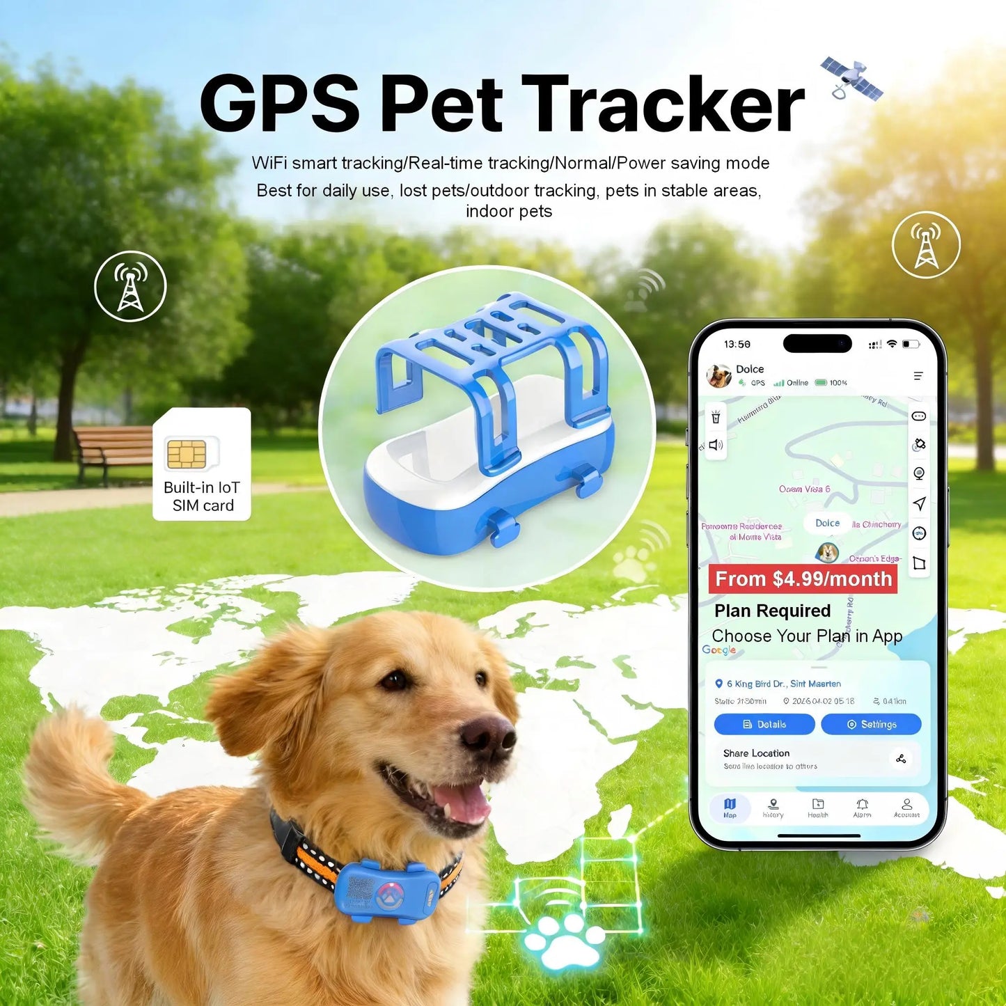 GPS Dog Cat 4G Tracker Built-in SIM with Real-Time Tracking Device, WiFi Home Positioning, IP67 Waterproof, Plan Required