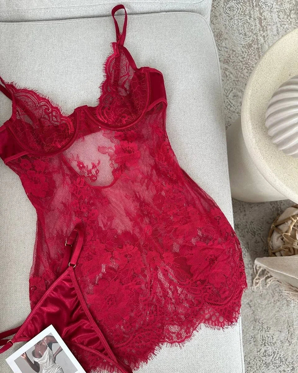 Ellolace Seductive Women's Casual Dresses Tempted Deep V Mini Dress Thong 2PC Hot Sheer Lace Lingerie Sexy Sensual Sleep Gown