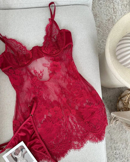 Ellolace Seductive Women's Casual Dresses Tempted Deep V Mini Dress Thong 2PC Hot Sheer Lace Lingerie Sexy Sensual Sleep Gown