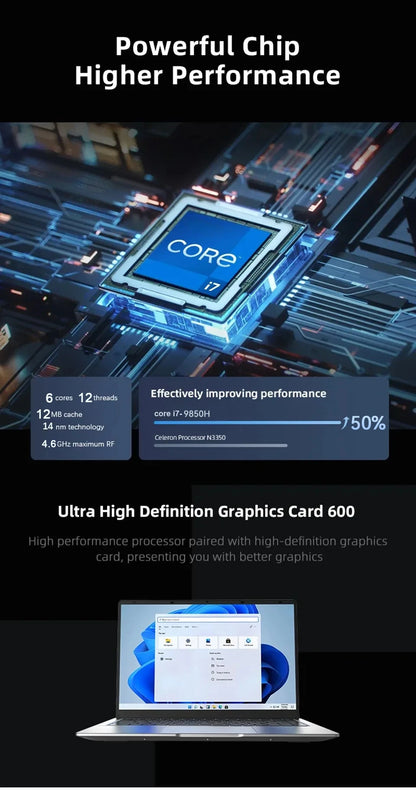 2026 Laptop Core I7 9850H A3950 Portable Laptops Windows 11 Pro 16GB RAM 1TB SSD 1920*1080 HD PC Gaming Computer Notebook Gamer