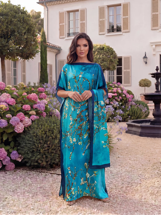 Vintage Almond Blossom Print Satin Abaya Scarf Set, Loose Batwing Long Kaftan Modest Muslim Women Summer Holiday Maxi Dress