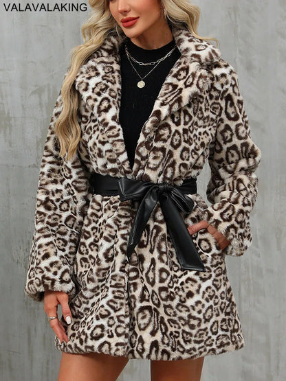 2026 Autumn Leopard Print Women Jacket Long Sleeve Thick Plush Warm Casual Coat Winter Soft Outwear Lady Turndown Collar Coat