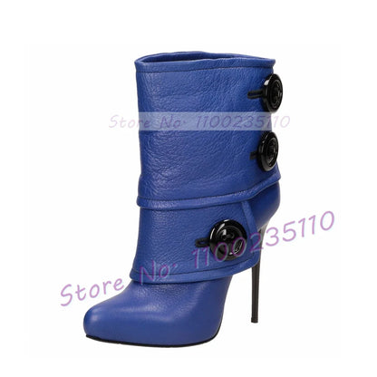Button Decor Foldover Ankle Boots Female Chic Leather Splicing Pointy Toe High Heels Shoes Patchwork Slip On Sexy Stiletto Boots