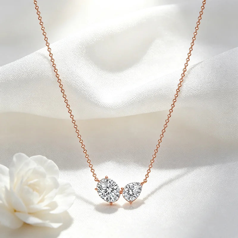 Smyoue Oval Cut Pear Cut All Moissanite Necklace for Women 2 Gems Classic Wedding Jewelry Bridal Real Pure S925 Silver Chain