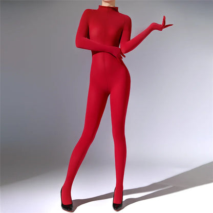 Plus Size Sexy Women 120D Five Finger Glove Sleeve Bodysuit Seamless Tight Warm High Elastic Shaping Cosplay Unisex Fit Jumpsuit