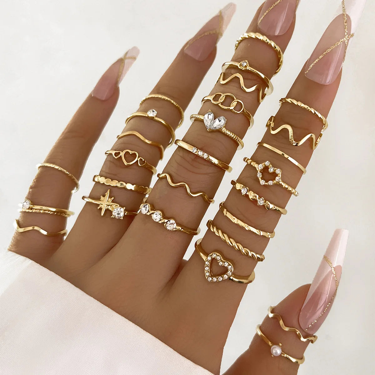 28Pcs Fashion Geometric Knuckle Rings Set For Women Crystal Heart Gold Silver Color Rings Girls  Party Jewelry Accessories