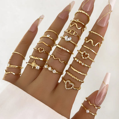 28Pcs Fashion Geometric Knuckle Rings Set For Women Crystal Heart Gold Silver Color Rings Girls  Party Jewelry Accessories