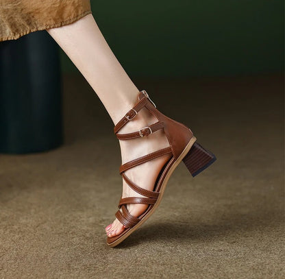 Sandals for Women Sexy Chunky Block Heel Stripper Leather Thick Woman Shoes Strappy Luxury Summer Footwear Chic and Elegant H F