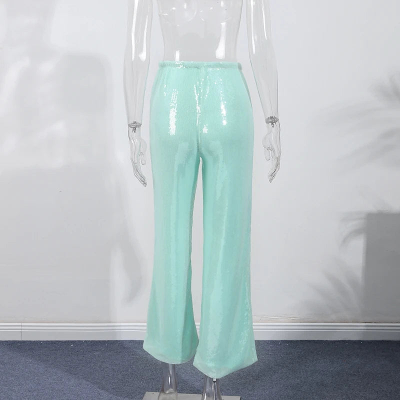 Elegant Sequined Women's Trouser Mid-Waist Lace Up Straight Mop Pants 2026 Summer Autumn Fashion Female All-Match Bottom