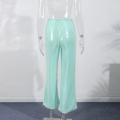 Elegant Sequined Women's Trouser Mid-Waist Lace Up Straight Mop Pants 2026 Summer Autumn Fashion Female All-Match Bottom