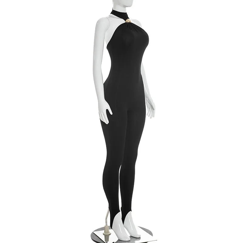 Off Shoulder Halter Sexy Jumpsuit Women Party Club Summer Bodycon Backless Rompers Sleeveless One Piece Overall Beach Vacation