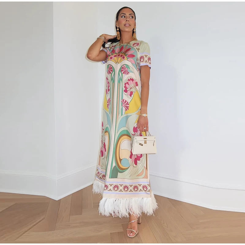 Women Art Floral Print Feather Hem Maxi Dress Short Sleeve Crew Neck Loose Fit Dresses 2026 Summer Fashion Elegant Lady Outwear