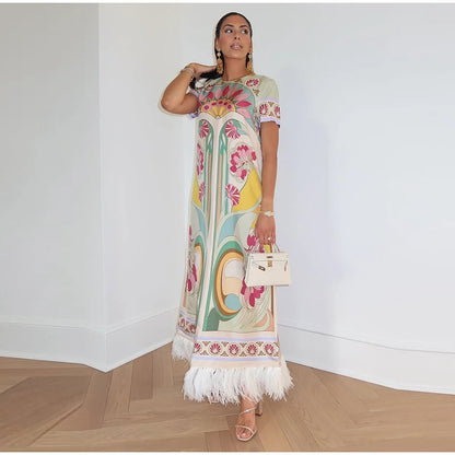 Women Art Floral Print Feather Hem Maxi Dress Short Sleeve Crew Neck Loose Fit Dresses 2026 Summer Fashion Elegant Lady Outwear