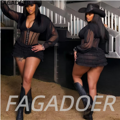 FAGADOER Sexy Mesh Ruched Patchwork Bodycon Rompers for Woman Solid Color See Through Long Sleeves Jumpsuits Female Streetwear