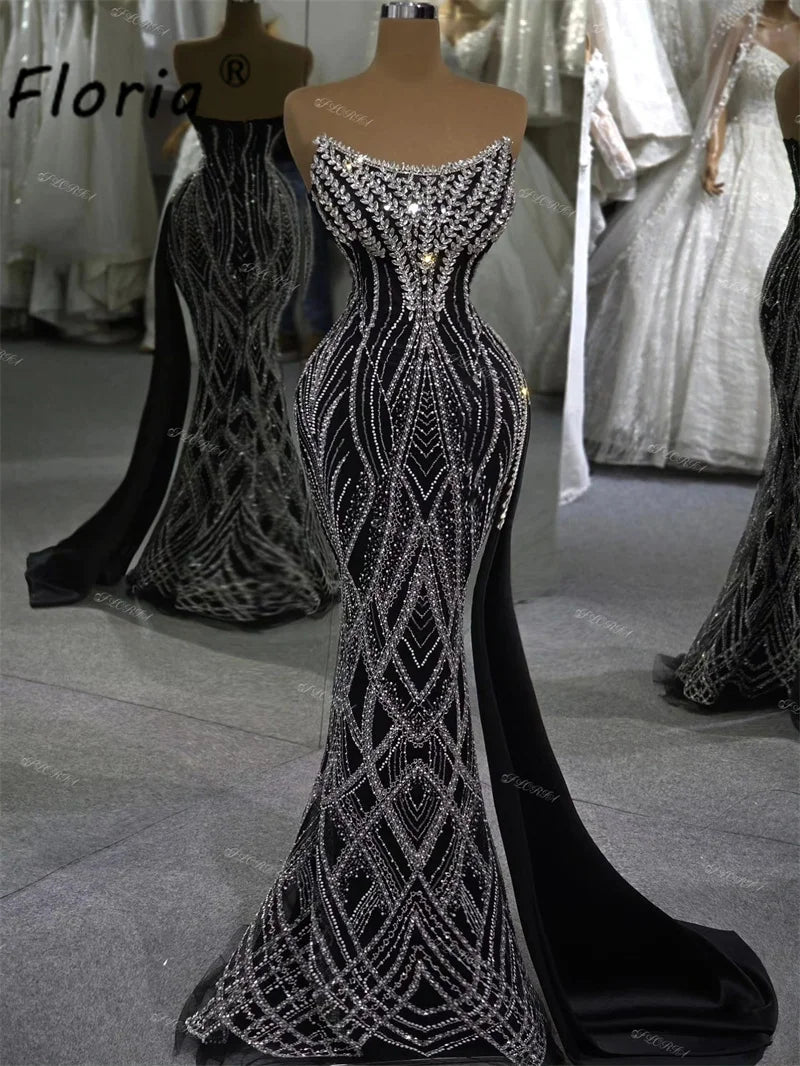 Contrast Black Silver Crystal Mermaid Formal Party Dress Sexy Sleeveless Beaded Evening Dresses Robe de soiree Elegant Customize
