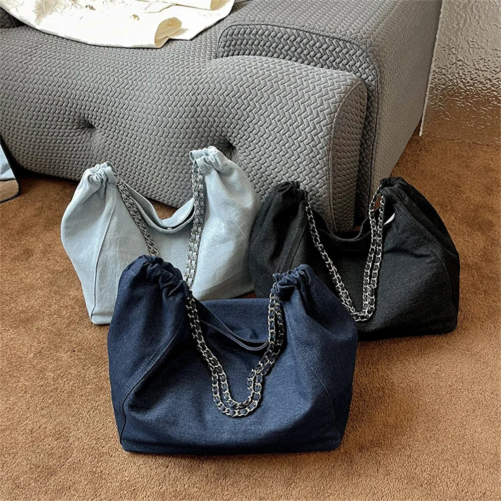 Chic Style Big Chain Shoulder Tote Bags For Women 2023 Luxury Designer Handbags Denim Fabric Pure Color Large Capacity Shoppers