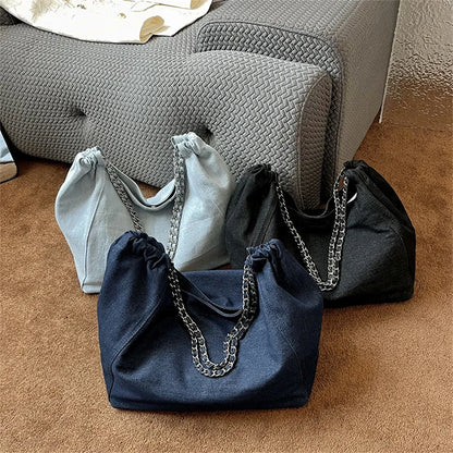 Chic Style Big Chain Shoulder Tote Bags For Women 2023 Luxury Designer Handbags Denim Fabric Pure Color Large Capacity Shoppers
