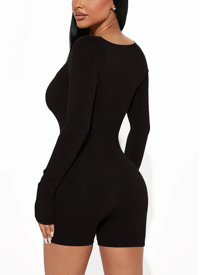 Fashion Long Sleeve Bodycon Jumpsuits for Women Short Pants Jumpsuits Rompers Crew Neck Sexy Tights One Piece Playsuit Romper