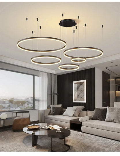 Modern Aluminum Rings Chandeliers Simple Acrylic LED Pendant Lights Living Dining Room Home Restaurant Decor Lighting Fixtures
