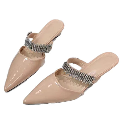 Luxury Crystal Women Slippers Pointed Toe Mules Shoes Elegant Heeled Sandals New Party Slingabck Flip Flops Elegant Mujer Shoes
