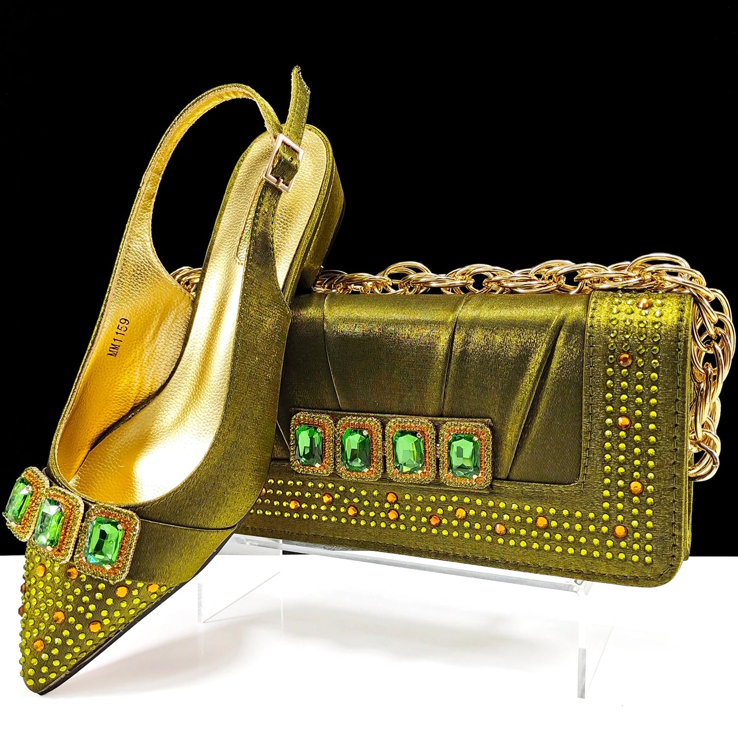 QSGFC New Italian Olive Pumps and Bag for Party 2024 INS Style Pointed-Toe Rhinestone Elegant Low Heels Wedge for Wome