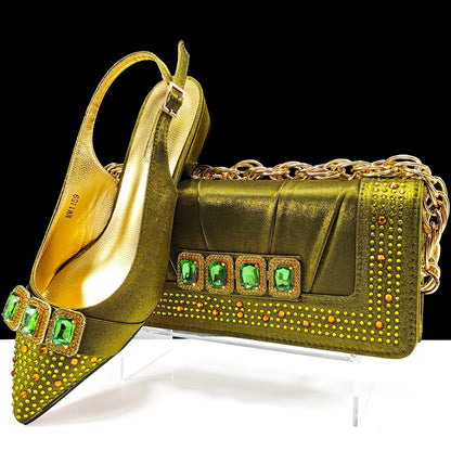 QSGFC New Italian Olive Pumps and Bag for Party 2024 INS Style Pointed-Toe Rhinestone Elegant Low Heels Wedge for Wome