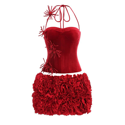 2025 New Hot Pink Bandage Skirt Sets Women Sexy Halter Bodycon Top And Flowers Mini Skirt Two Piece Sets Evening Party Outfit