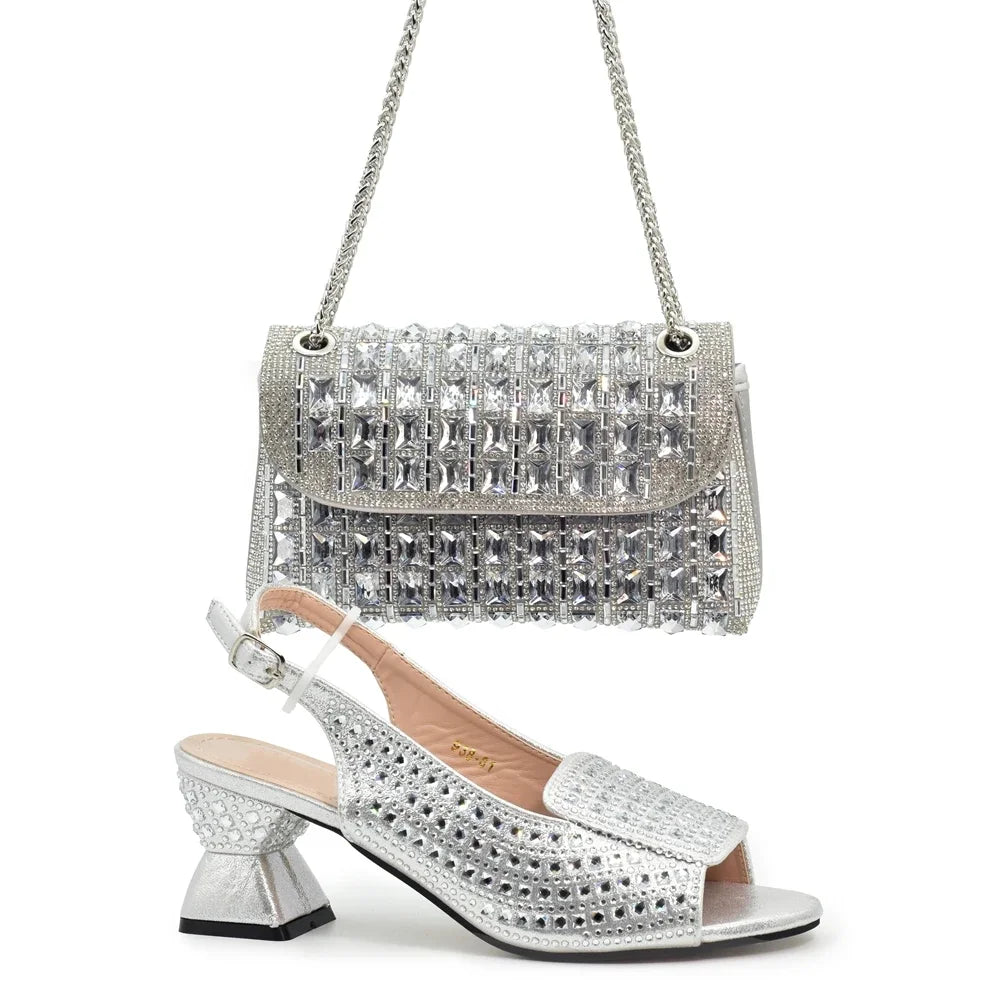 New Arrival African Style Ladies Shoes and Bags Set Latest Italian Women Shoes and Bag Set with Rhinestone Heels Women Luxury