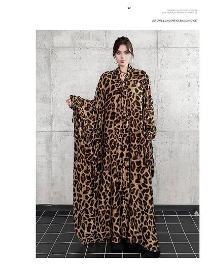 Leopard Print Loose Bat-sleeve Dress Women Summer Stand-up Collar Tie-waist Oversize Slimming Casual Long Dress XY420